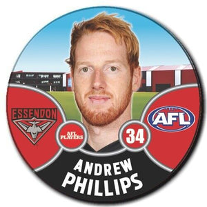 2021 AFL Essendon Bombers Player Badge - PHILLIPS, Andrew